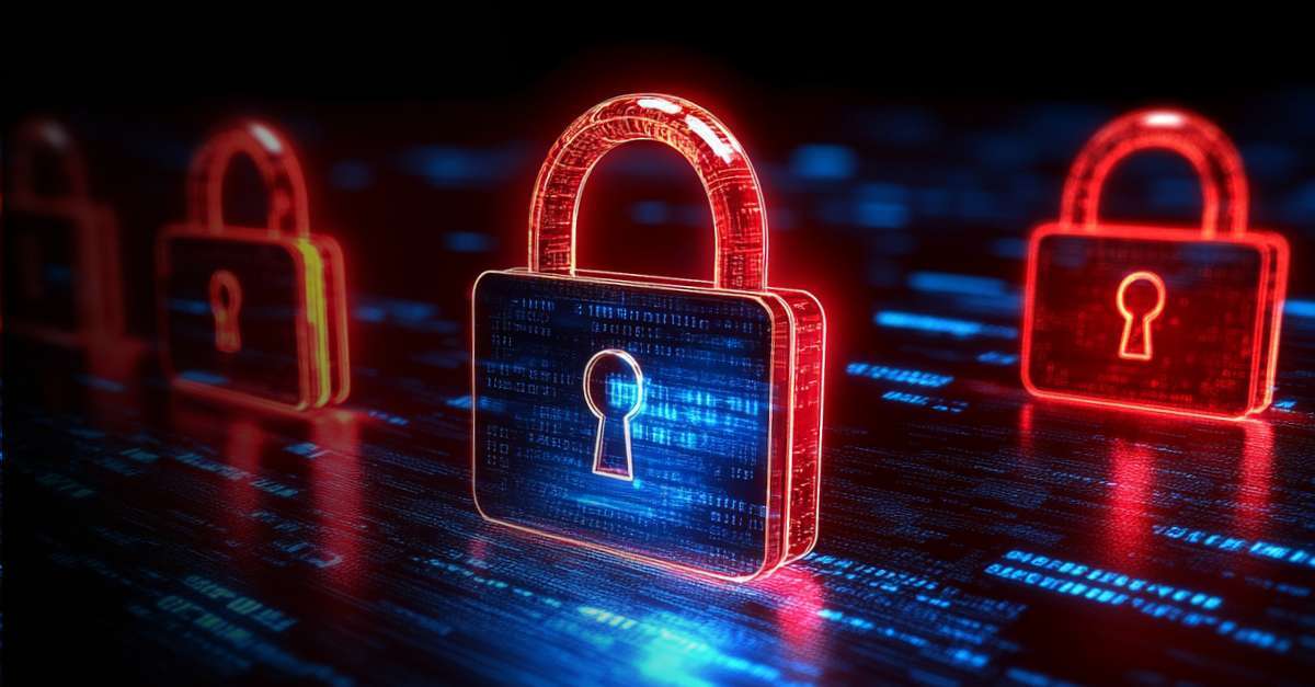 Glowing red digital padlocks hover over a dark blue binary code background, symbolizing cybersecurity and data protection. The mood is secure and futuristic. 